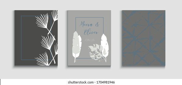 Abstract Retro Vector Cards Set. Hand Drawn Elegant Background. Geometric Border Texture. Soft Monstera Leaves Magazine Design. Japanese Style Invitation. Tie-Dye, Tropical Leaves Flyers.