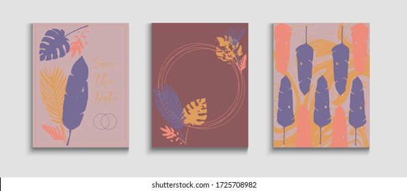 Abstract Retro Vector Cards Set. Hand Drawn Elegant Background. Japanese Style Invitation. Tie-Dye, Tropical Leaves Flyers. Geometric Border Pattern. Soft Olive Leaves Invitation Template.