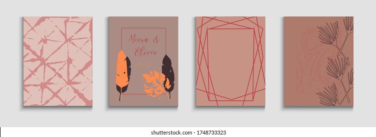 Abstract Retro Vector Cards Set. Tie-Dye, Tropical Leaves Banners. Simple Olive Leaves Magazine Template. Geometric Frame Texture. Oriental Style Invitation. Hand Drawn Elegant Background.