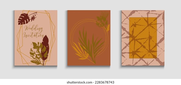 Abstract Retro Vector Cards Set. Hand Drawn Hipster Background. Simple Olive Leaves Invitation Layout. Japanese Style Invitation. Geometric Frame Texture. Tie-Dye, Tropical Leaves Flyers.