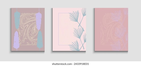 Abstract Retro Vector Cards Set. Tie-Dye, Tropical Leaves Banners. Geometric Frame Texture. Oriental Style Invitation. Hand Drawn Asian Background. Noble Banana Leaves Magazine Template.