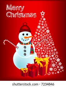 abstract retro vector christmas background with snowman, christmas tree and gift boxes