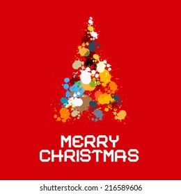 Abstract Retro Vector Christmas Tree Made from Splashes, Blots on Red Background