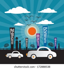Abstract Retro Vector City with Buildings, Cars, Trees, Sun and Clouds