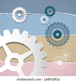 Abstract Retro Vector Cogs, Gears on Torn Paper Background