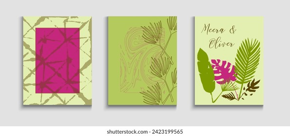 Abstract Retro Vector Covers Set. Tie-Dye, Tropical Leaves Cards. Geometric Frame Texture. Cool Olive Leaves Invitation Layout. Oriental Style Invitation. Hand Drawn Hipster Background.