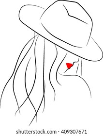 Abstract retro vector digital girl in hut with red lips.