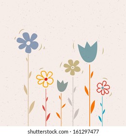 Abstract Retro Vector Flowers on Recycled Paper Background 