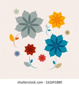 Abstract Retro Vector Flowers on Recycled Paper Background 