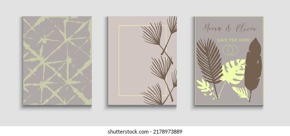 Abstract Retro Vector Flyers Set. Geometric Border Texture. Noble Olive Leaves Magazine Design. Japanese Style Invitation. Hand Drawn Asian Background. Tie-Dye, Tropical Leaves Posters.