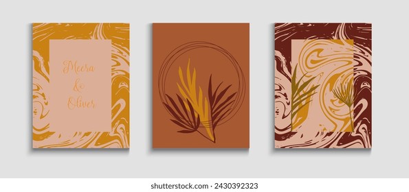 Abstract Retro Vector Flyers Set. Hand Drawn Vintage Background. Tie-Dye, Tropical Leaves Cards. Simple Banana Leaves Magazine Layout. Oriental Style Invitation. Geometric Frame Texture.