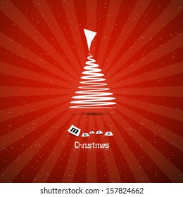 Abstract Retro Vector Merry Christmas Tree on Red Bbackground 