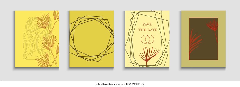 Abstract Retro Vector Posters Set. Tie-Dye, Tropical Leaves Banners. Japanese Style Invitation. Noble Olive Leaves Invitation Design. Geometric Frame Texture. Hand Drawn Hipster Background.