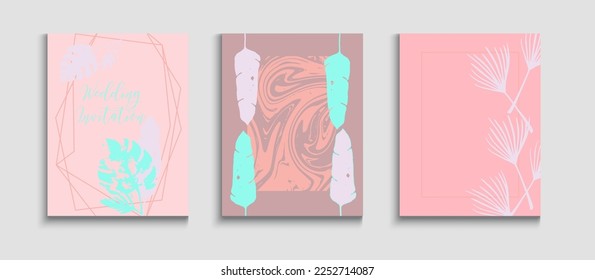 Abstract Retro Vector Posters Set. Geometric Border Pattern. Tie-Dye, Tropical Leaves Banners. Oriental Style Invitation. Hand Drawn Asian Background. Soft Olive Leaves Magazine Template.
