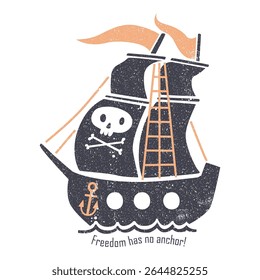 Abstrato retro vintage pirata navio com velas pretas e crânios flutuando no oceano ondas mão desenhado para t-shirt impressão design. vestuário, banner, cartaz, adesivo
