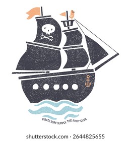 Abstract retro vintage pirate ship with black sails and skulls floating on the ocean waves hand drawn for t-shirt print design