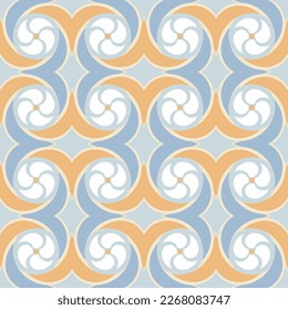 abstract retro vintage seamless pattern with geometric shapes. vector illustration elegant blend of grey, orange and blue, and incorporates ornamental elements inspired by rococo and arabesque styles