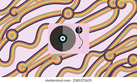 Abstract Retro Vinyl Record with Colorful Wavy Lines on Pastel Background