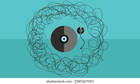 Abstract Retro Vinyl Record with Tangled Lines on Turquoise Background