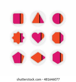 Abstract retro vivid pink and orange geometrical stripe icons set with sunbeam on white background
