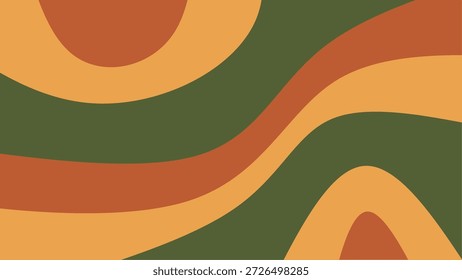 Abstrakter, retro-wellenförmiger Hintergrund. Groovy 70er Jahre Hippie-Stil nahtlose Muster in Grün und Orange Erde Töne. Funky ästhetische Wandkunst. Boho fließende Formen für kreative Verpackung oder Poster-Design.