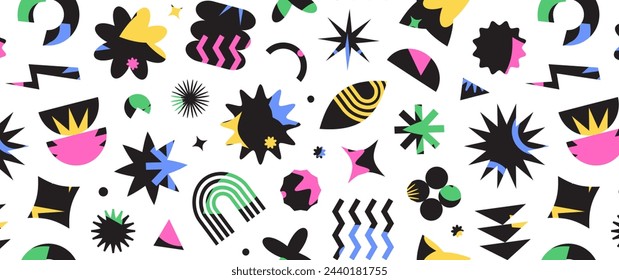 Abstract retro y2k shape seamless pattern, memphis graphic background, modern funky print, geometry colorful form, groovy vintage texture. Trendy vector illustration