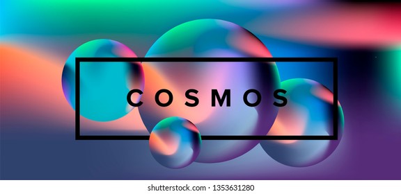 Abstract retrofuturistic background with 3d spheres. Cosmic landscape, nebula and planets. Futuristic print for t-shirt, notebook, poster.