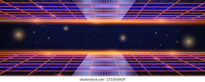 Abstrakter retro-futuristischer Hintergrund mit neonorangefarbenem Gitter, leuchtendem Horizont und sternenfarbenem dunklem Raum. Perfekt für Retrowave- oder Science-Fiction-Themen der 80er Jahre.