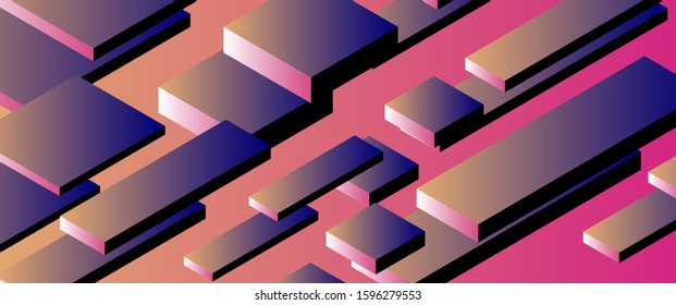 Abstract retrofuturistic background with repetative pattern of neon rectangular 3d shapes in isometric projection. Vaporwave and synthwave 80's-90's aesthetics style illustration.