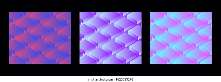 Abstract retrofuturistic background with repetative pattern of neon rectangular 3d shapes in isometric projection. Vaporwave and synthwave 80's-90's aesthetics style illustration.