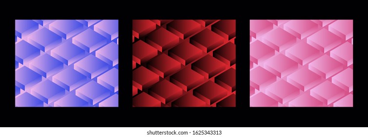 Abstract retrofuturistic background with repetative pattern of neon rectangular 3d shapes in isometric projection. Vaporwave and synthwave 80's-90's aesthetics style illustration.