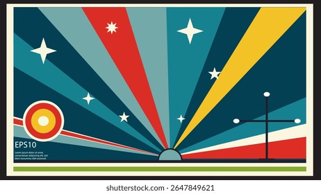 An abstract, retro-futuristic illustration of a sunrise or sunset over a distant horizon. The image features bold colors like teal, red, and yellow, with stylized stars and celestial bodies, conveying