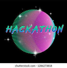Abstract retrofuturistic VHS style holographic neon  sun with sparkles. Synthwave style illustration for Hackathon programming event.