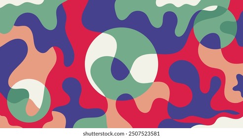 Abstract retro-inspired background with fluid, wavy shapes in bold red, blue, green, and cream tones. Ideal for creative projects, web design, social media, and branding visuals