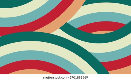 Abstract retro-inspired background with overlapping colorful curved stripes in a vibrant, vintage palette.
