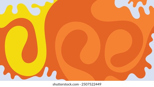 Abstract retro-style background featuring fluid, organic shapes in vibrant yellow and orange hues with subtle light blue accents. Ideal for graphic design, web, and print projects