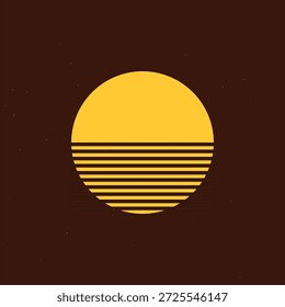 Uma ilustração abstrata, retro-estilo com um grande círculo amarelo, metade do qual é preenchido com linhas horizontais escuras. O círculo é colocado sobre um fundo marrom escuro, ligeiramente texturizado com pequenas manchas brancas.
