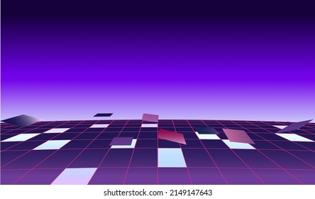 abstract retrowave background with 1980's retro cyberpunk perspective grid against the pink and purple gradient, vector illustration of cyberspace, vintage computer game environment