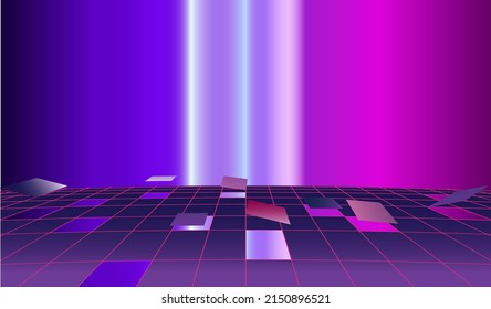 abstract retrowave background with 1980's retro cyberpunk perspective grid against the pink and purple gradient, vector illustration of cyberspace, vintage computer game environment