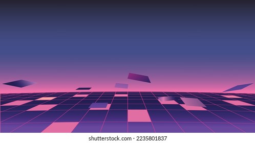 Abstract retrowave background with collapsing cyberpunk perspective grid, gravity effect, flying particles, vector illustration, copy space