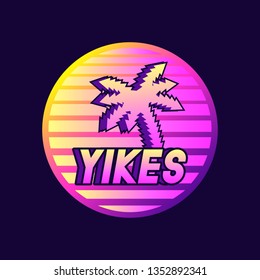 Abstract retrowave style background with tropical palm tree silhouette and text "Yikes". Futuristic digital print for t-shirts, logos, stickers, banners, etc. Vector illustration.