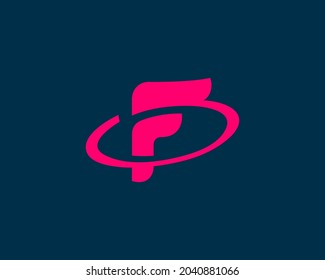 Abstract revolving letter F modern logotype icon design concept. Universal minimalist initials, planet logo template isolated on dark background. Vector illustration