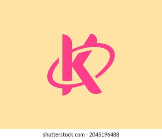 Abstract revolving letter K modern logotype icon design concept. Universal minimalist initials, planet logo template isolated on blue background. Vector illustration