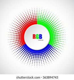 Abstract rgb halftone background with 3d button in middle