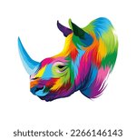Abstract Rhino head portrait, rhinoceros, color drawing, realistic. Vector illustration of paints