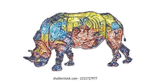 Abstract Rhinoceros. Doodle drawing. Vector colorful illustration. Isolated on white background.