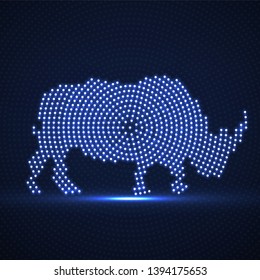 Abstract rhinoceros of glowing dots. Rhino of the neon circles. Vector illustration, eps 10