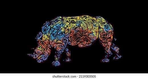 Abstract Rhinoceros. Vector colorful illustration. Pointillism style. Isolated on black background.