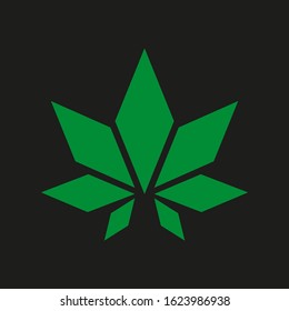 An abstract rhomb shaped vector illustration of green cannabis leaf on a black background