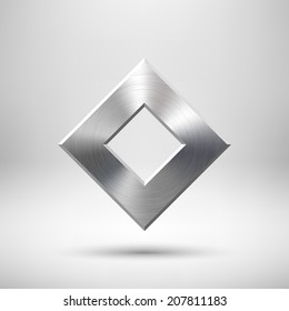 Abstract rhombic badge, blank button template with metal texture (chrome, silver, steel), realistic shadow and light background for web user interfaces, UI, applications and apps. Vector illustration.